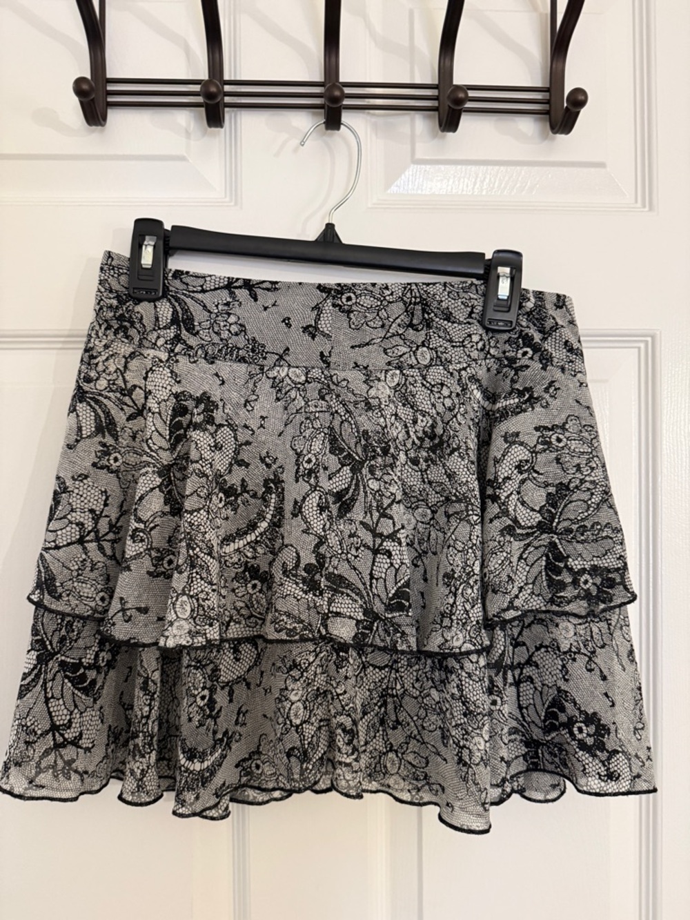 BCBGeneration Black and White Floral Lace-Overlay Skater Skirt